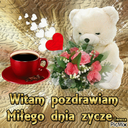 Biały misiu wita pozdrawia miłego dnia życzy